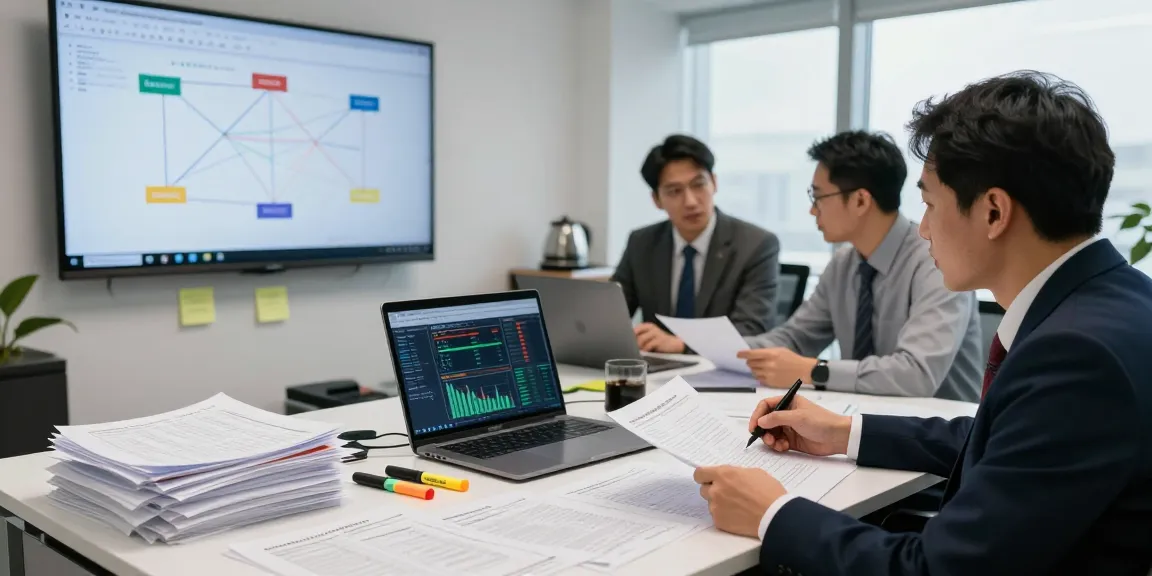Forensic accountant performing asset tracing in a modern office environment with detailed financial reports and data.