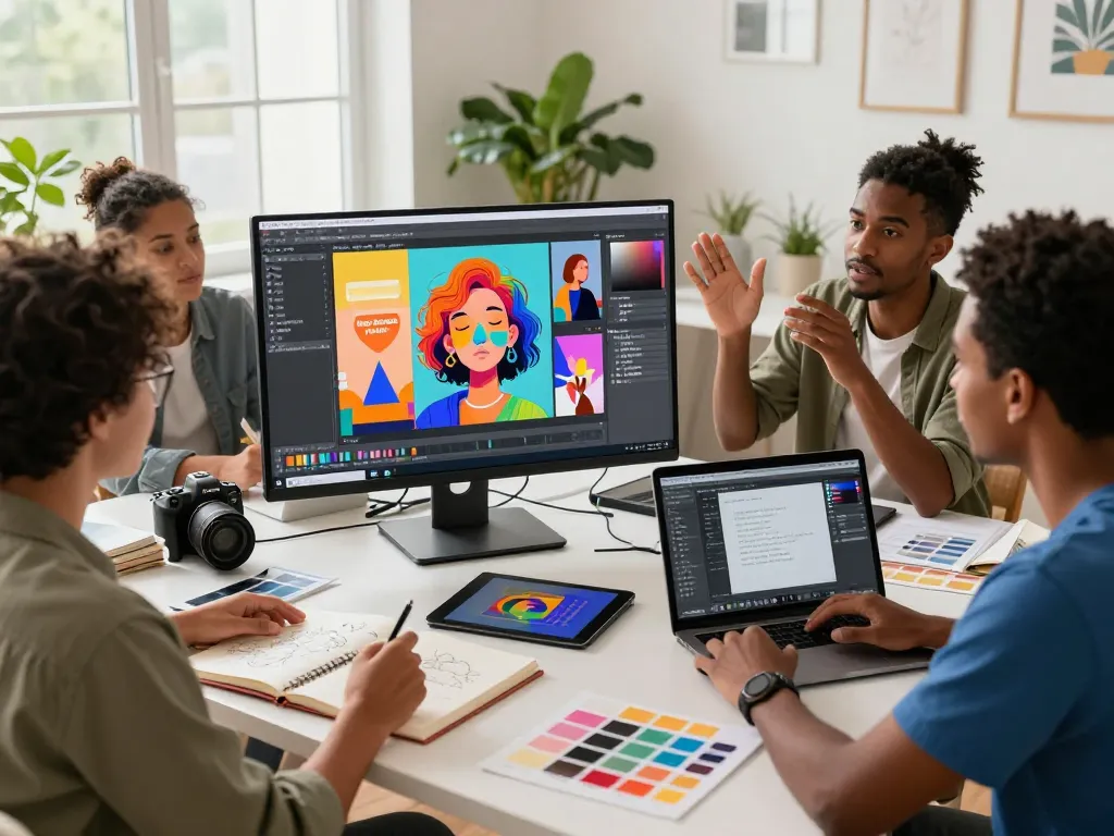 Team of artists collaborating using Nano Banana Pro AI image editor in a creative workspace