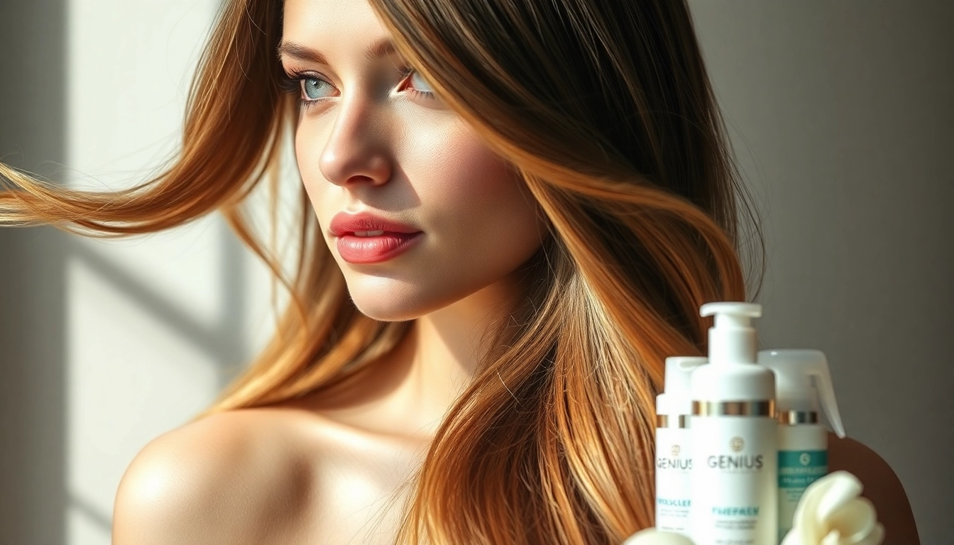 Model flaunting genius weft hair extensions in a professional salon setting, highlighting volume and shine.