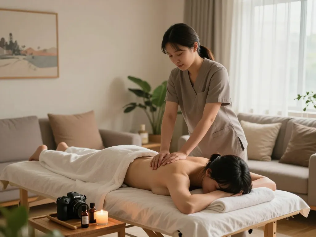 Relaxing 부천 출장마사지 scene in a peaceful living room setting.