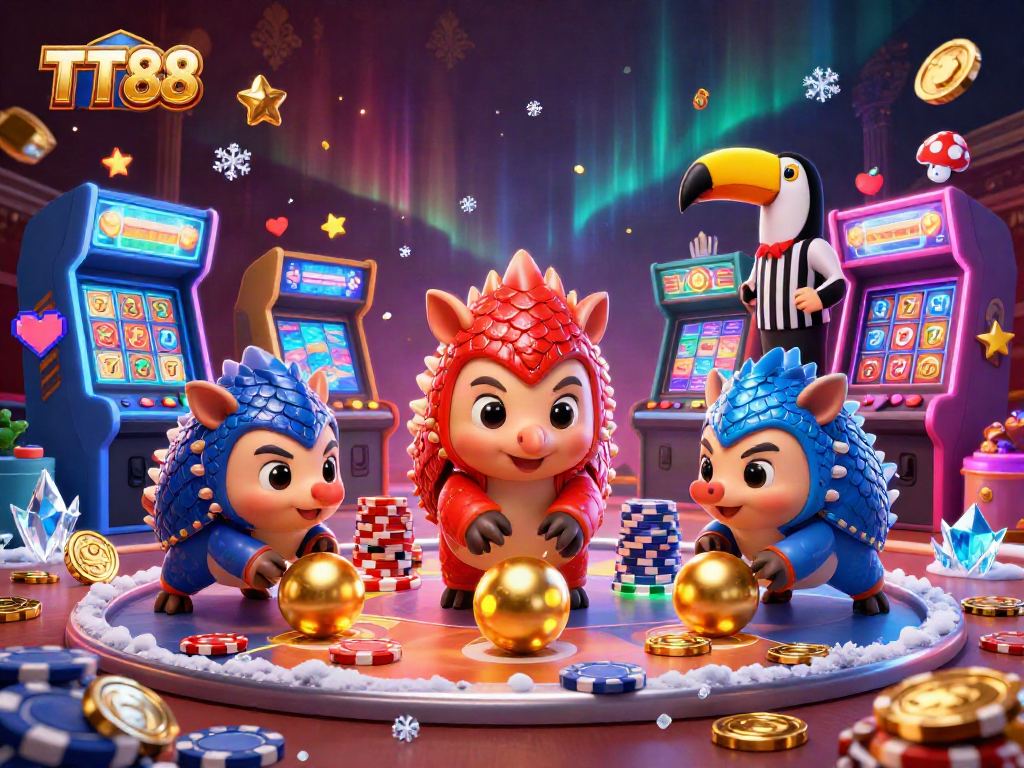 Experience TT88's thrilling casino action with rival pangolins bowling through glittering poker chips.