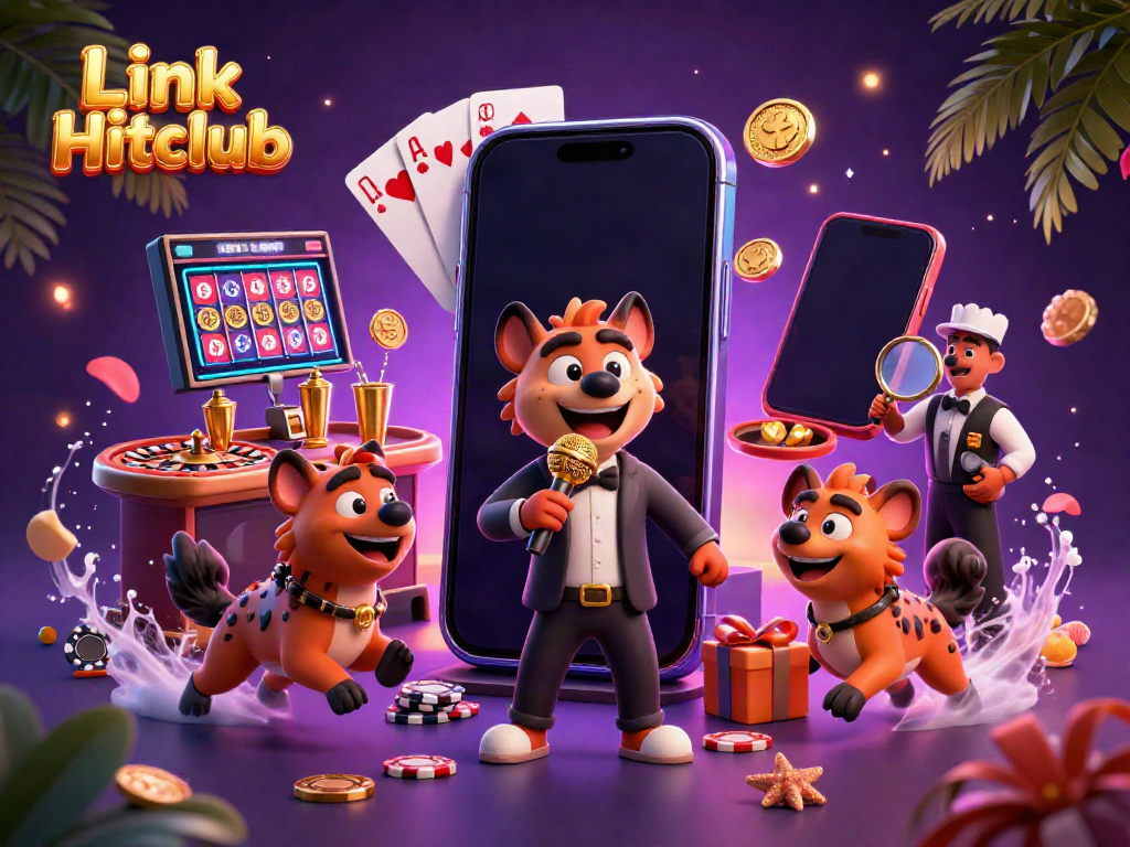 Experience the excitement of Link Hitclub in a vibrant comedy casino scene with hyenas.