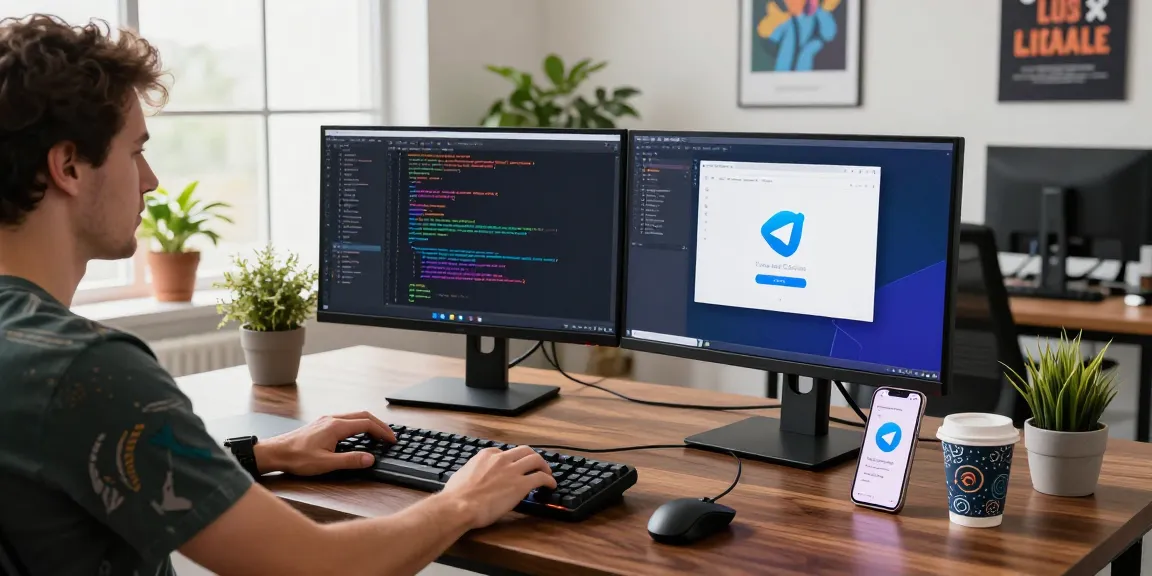 Developer coding telegram中文版 on dual monitors in a modern office with natural light.