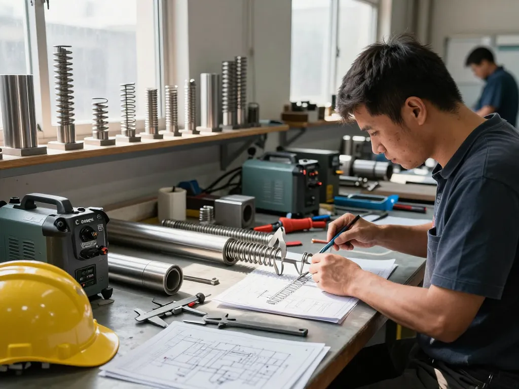 Tehnician foarte calificat măsurând arcuri inox într-un atelier industrial luminos.