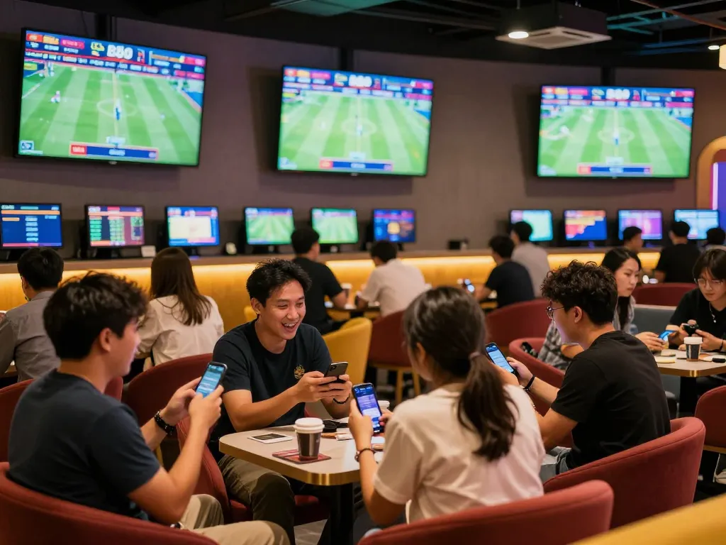 Placing bets in the thrilling atmosphere of Link FB88 sports betting lounge, excitement visible among fans.