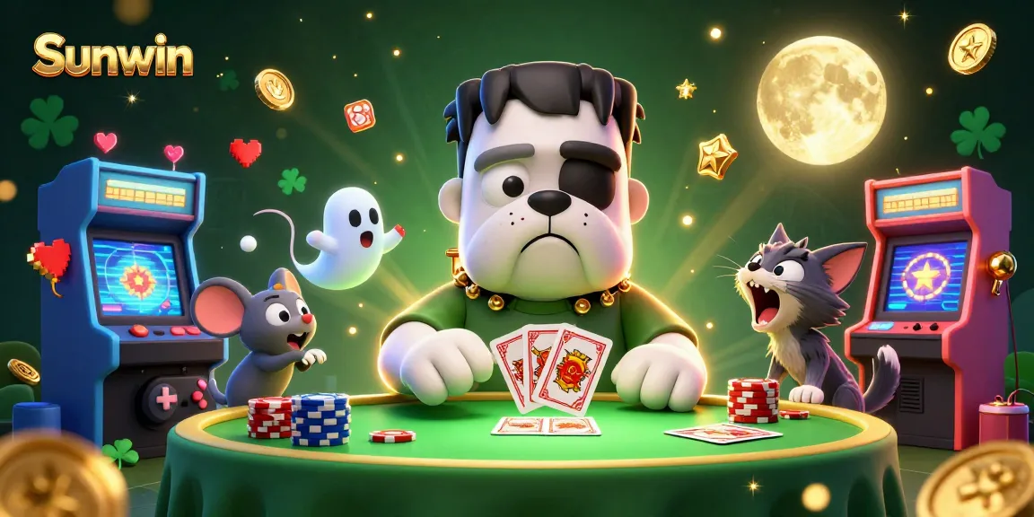 Sunwin gaming scene featuring a Frankenstein bulldog monster, ghost mouse, and werewolf kitten with vibrant slot machines and casino elements.