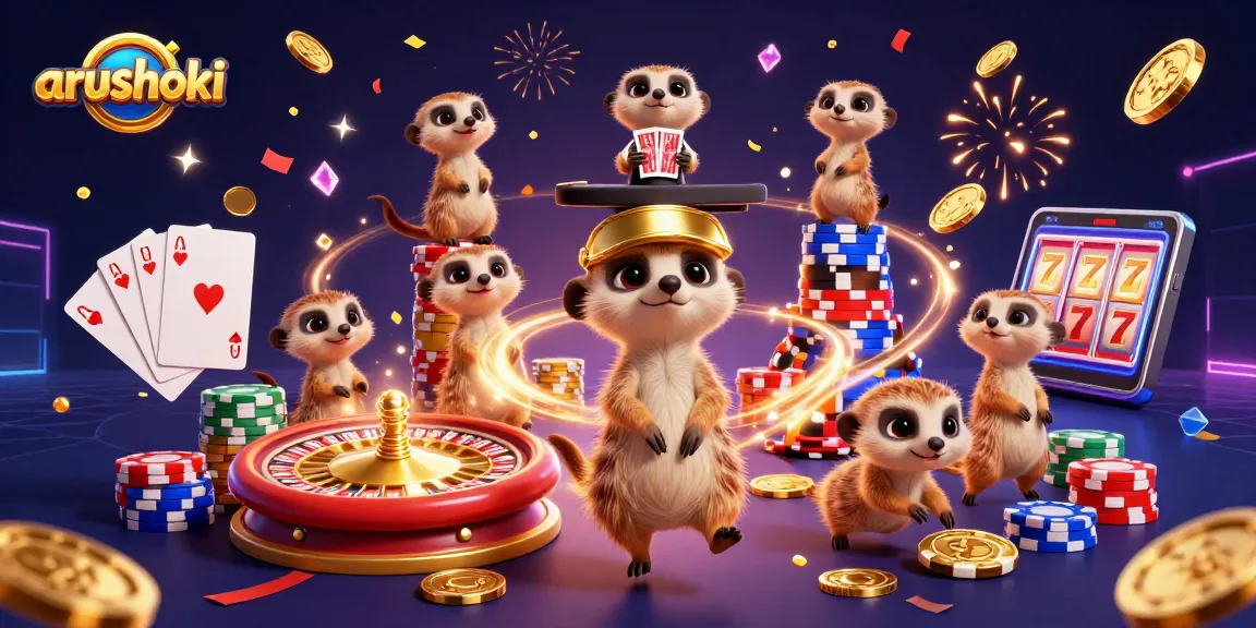 arushoki menghadirkan koloni meerkat bermain kasino dengan chip cerah dan efek gemerlap.