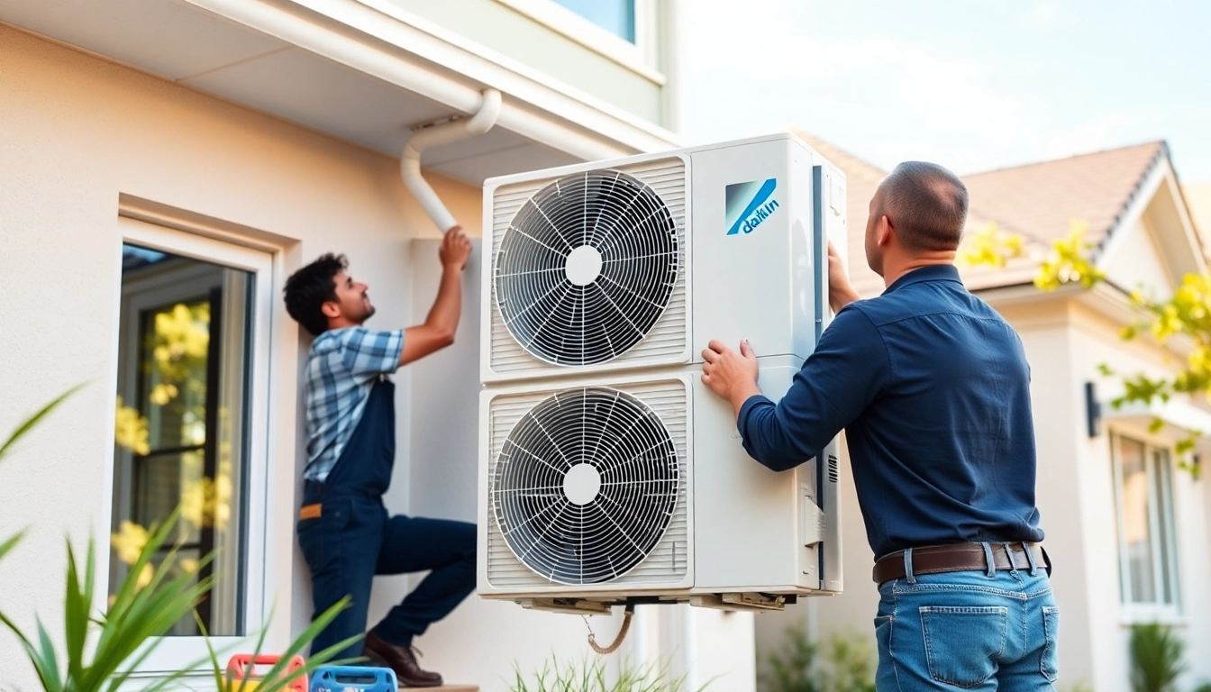 Technician installing a daikin mini split ac in a modern home setting.