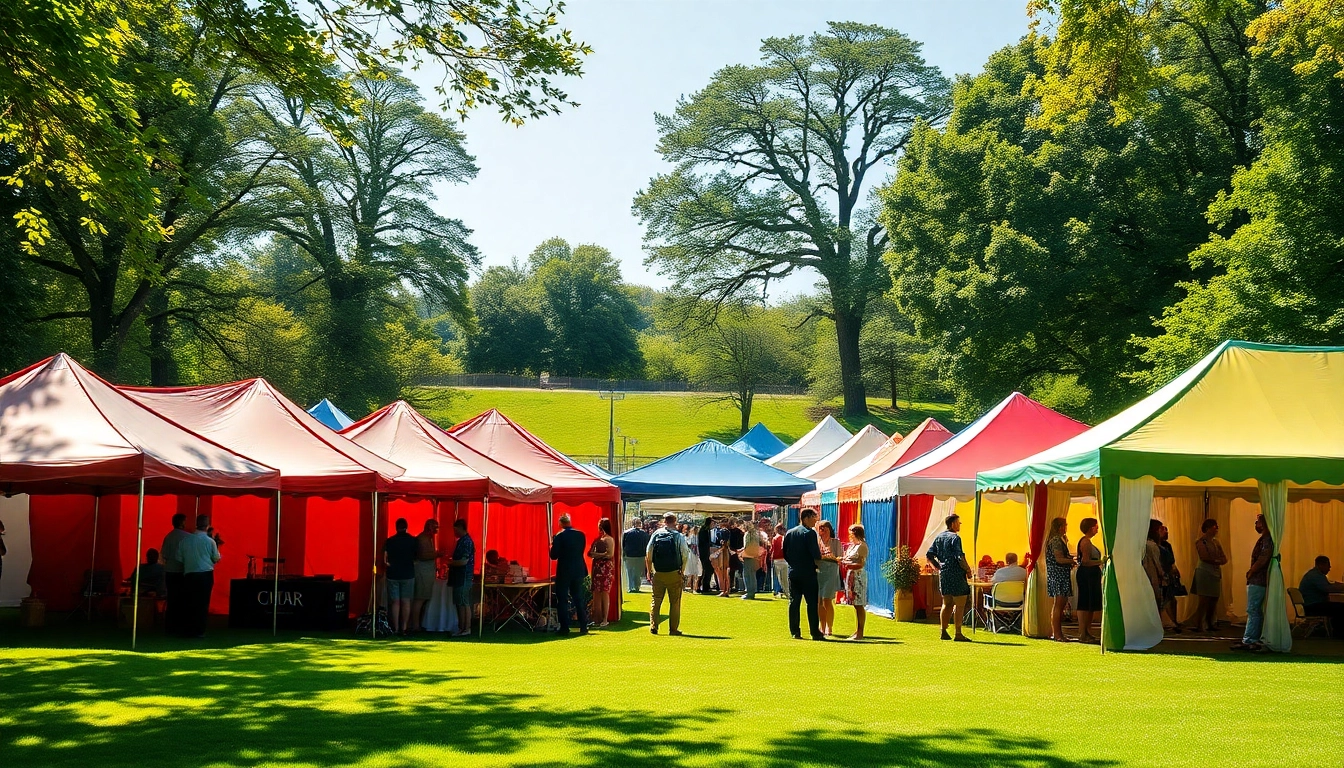 Vibrant Tent Rentals set up for a lively outdoor event, showcasing various designs and colors.