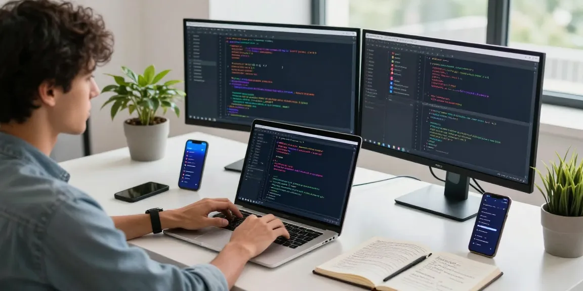 Developer coding in a modern workspace with multiple screens, emphasizing 纸飞机中文版 for efficient communication.