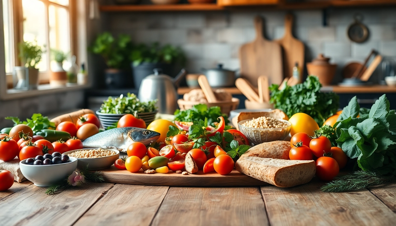 Present a vibrant Mediterranean diet spread with fresh ingredients, emphasizing health and variety.