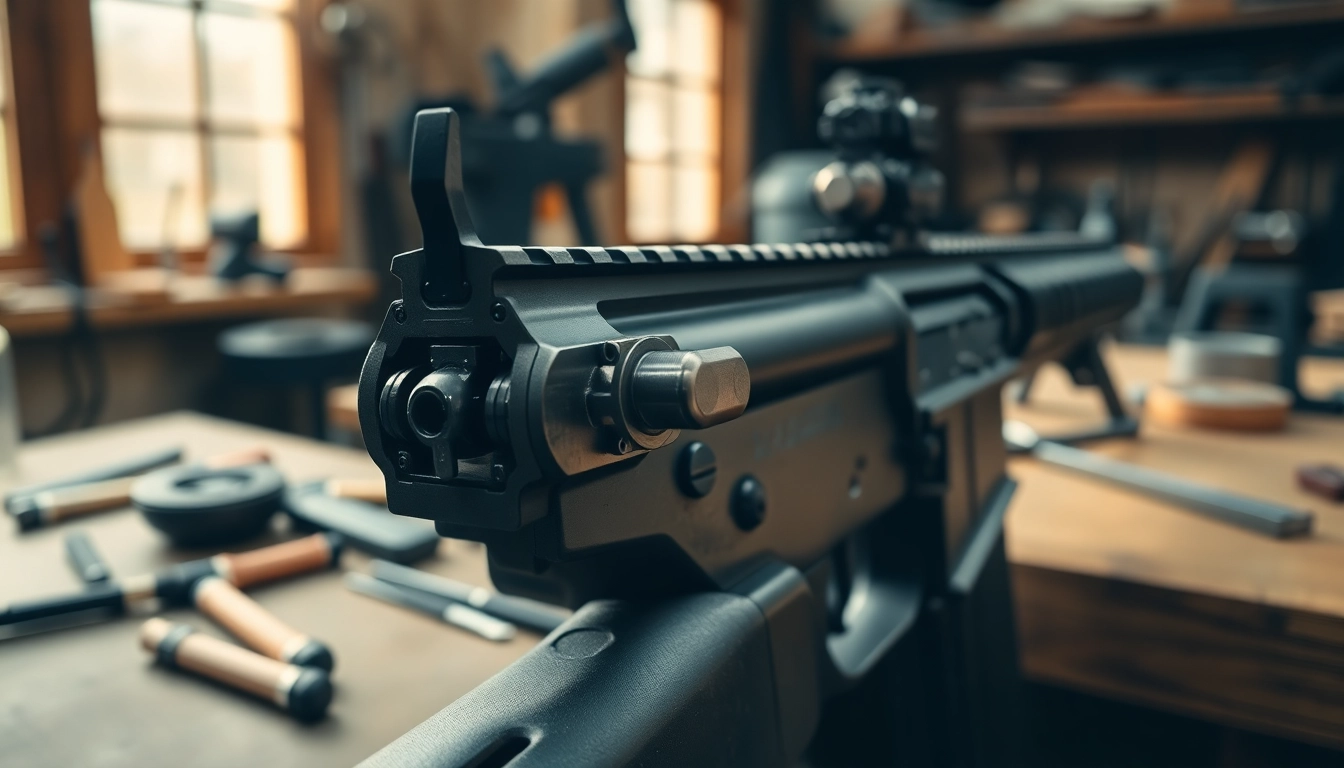 Showcase the AR-10 trigger mechanism with precision details in a workshop setting.