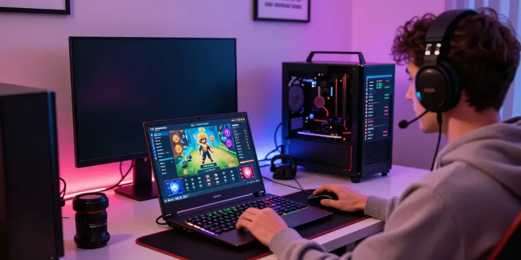 Proses jptoto login di depan laptop dengan grafis permainan yang menarik dan suasana gaming yang energik.
