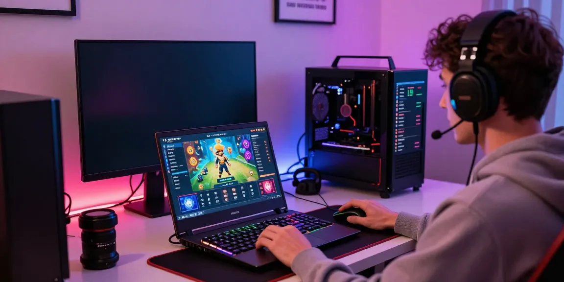 Proses jptoto login di depan laptop dengan grafis permainan yang menarik dan suasana gaming yang energik.
