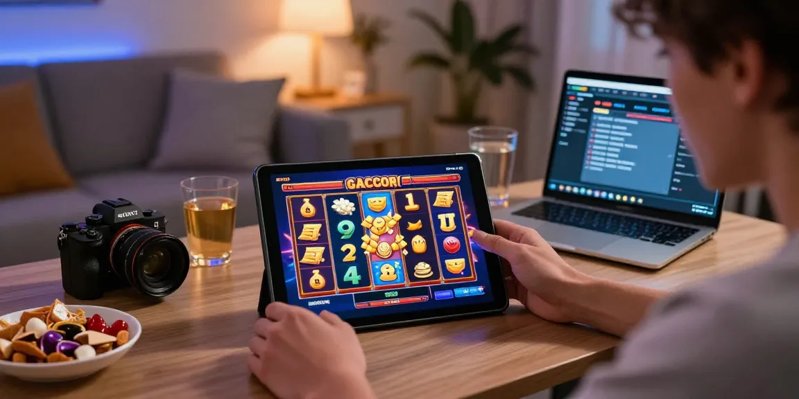 Player enjoying a slot gacor game on a tablet with vibrant animations and relaxed atmosphere.