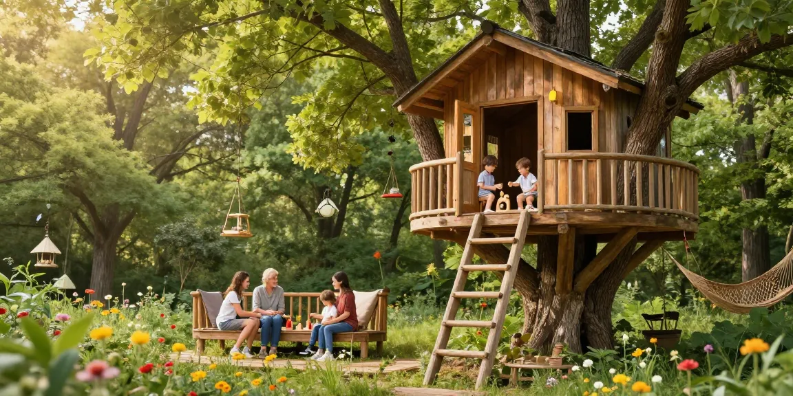 Family enjoying time in treehouses surrounded by nature.