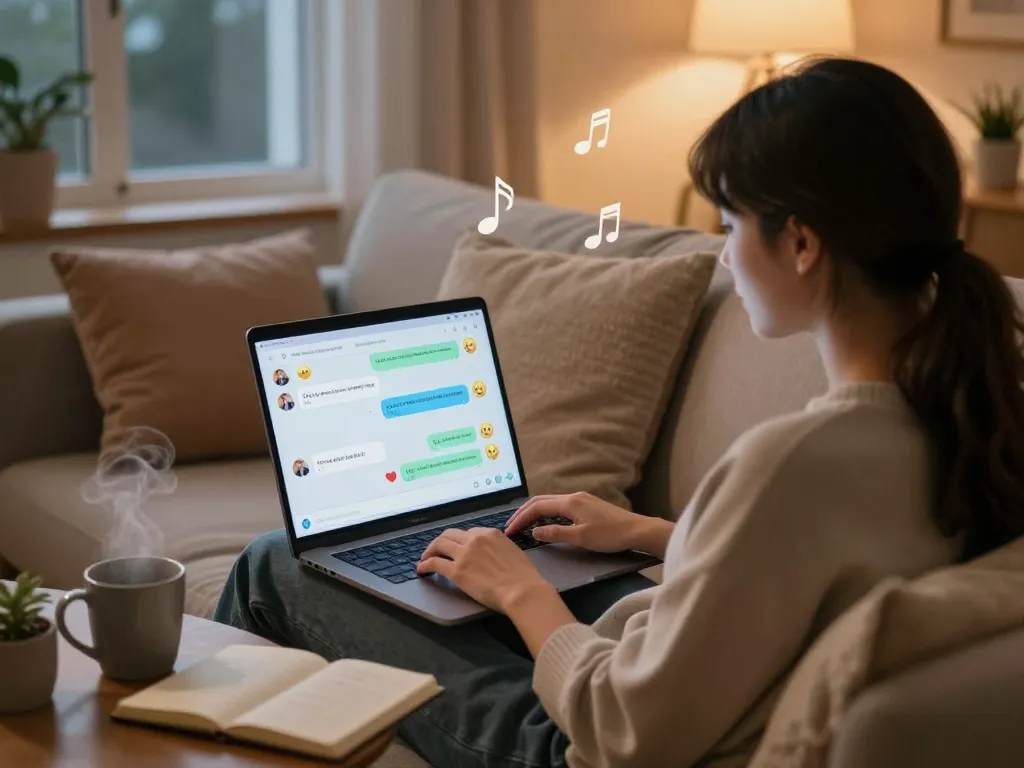 Engaged user chatting with an AI girlfriend in a cozy digital space.