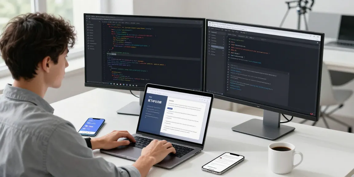 Young professional using 纸飞机中文版 app at a modern workspace with dual monitors and a laptop.