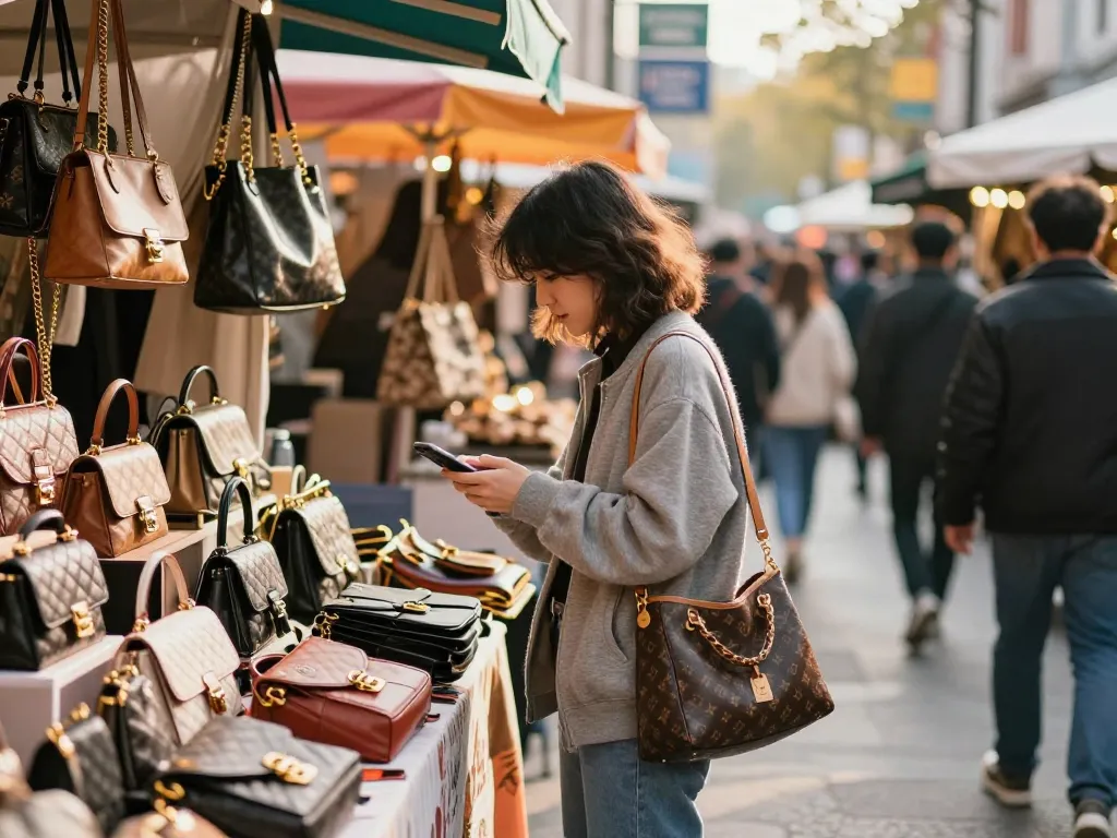 Engaged shopper at a 레플리카 사이트 exploring stylish handbags and accessories in an urban market.