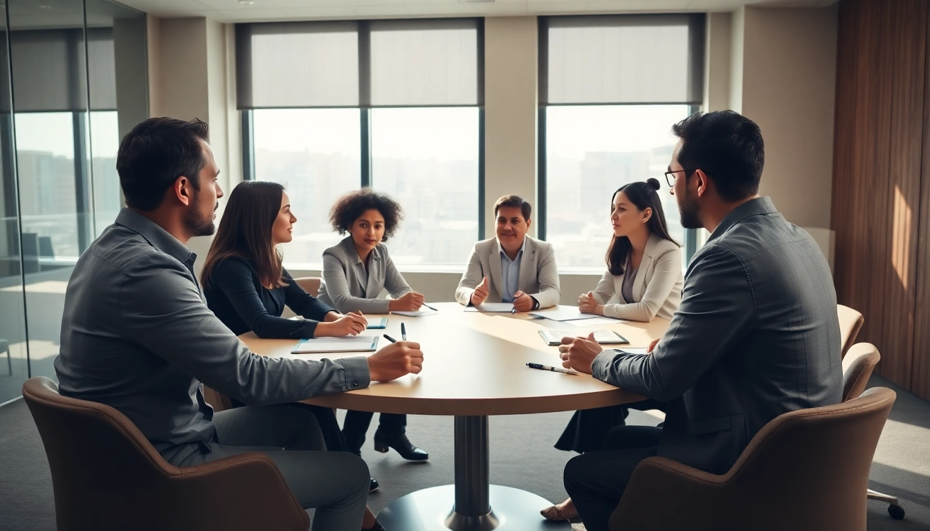Mediation session with diverse participants discussing solutions in a conference room.