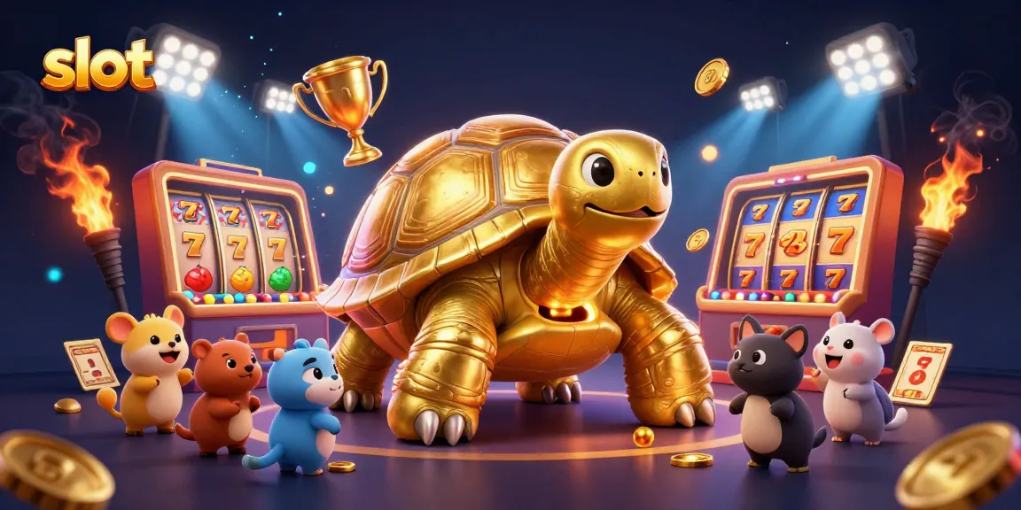 Spin slot reels and win big with a golden tortoise in this thrilling 3D casino illustration.