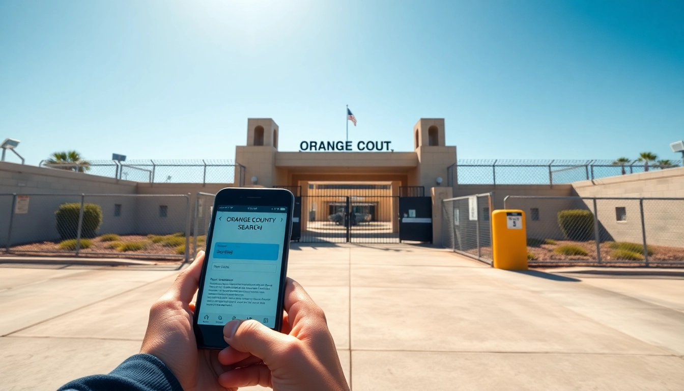 Utilizing the Orange County inmate search on a smartphone outside a jail facility.