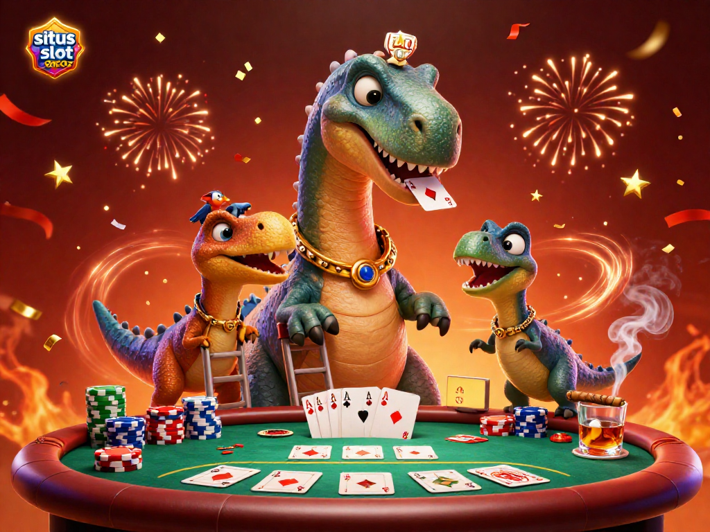 Spark excitement with situs slot gacor as a dinosaur oversees a lively poker game under casino lights.