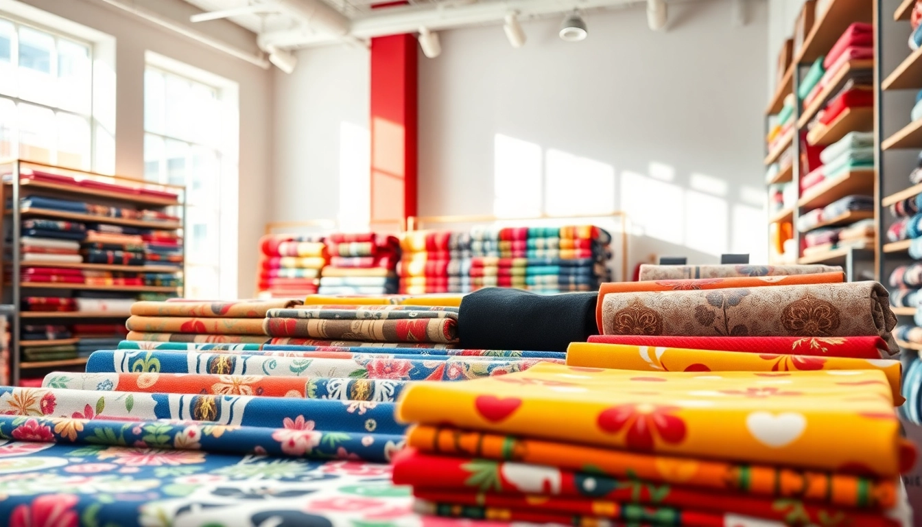 Bekijk bedrukte stoffen kopen in een kleurrijke showroom met diverse stoffen.