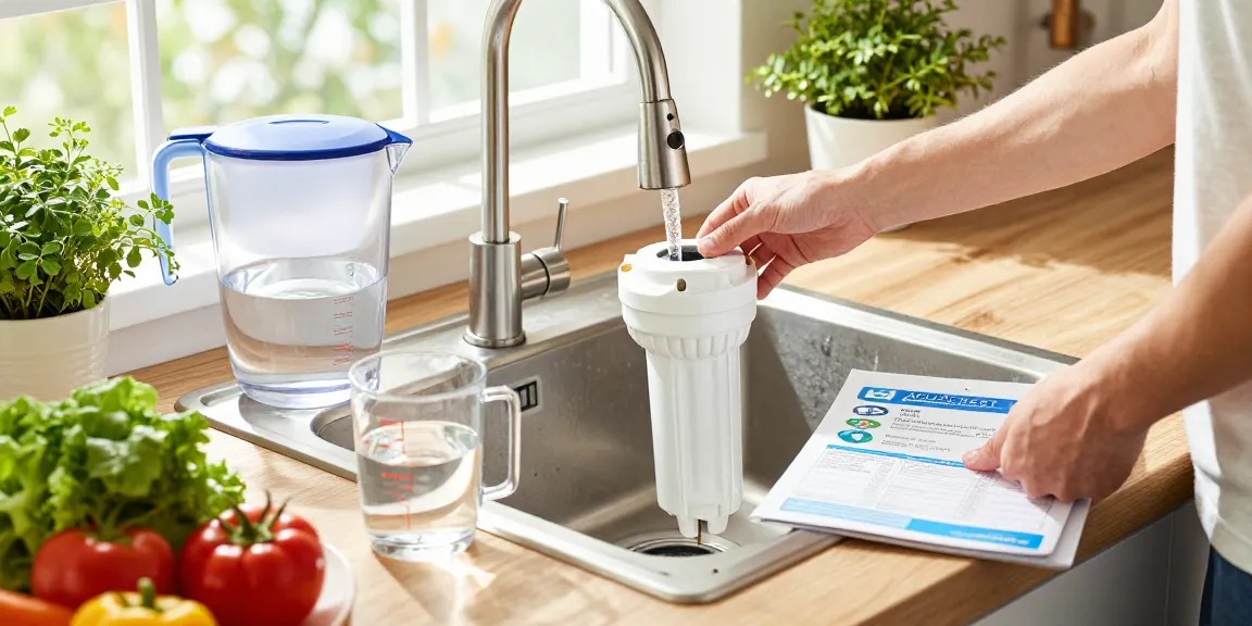 AQUACREST AP5527 Reverse Osmosis Pre and Post Water Filter Cartridge installation in a bright home kitchen, emphasizing clean drinking water.