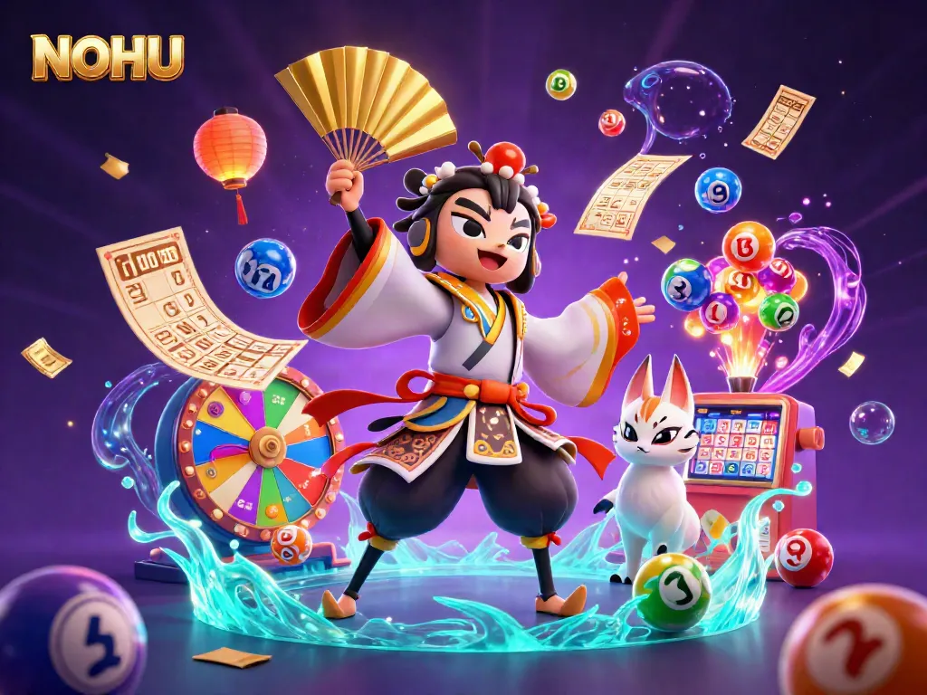 Enter the thrilling world of NOHU with a vibrant casino scene showcasing dynamic lottery elements and captivating characters.