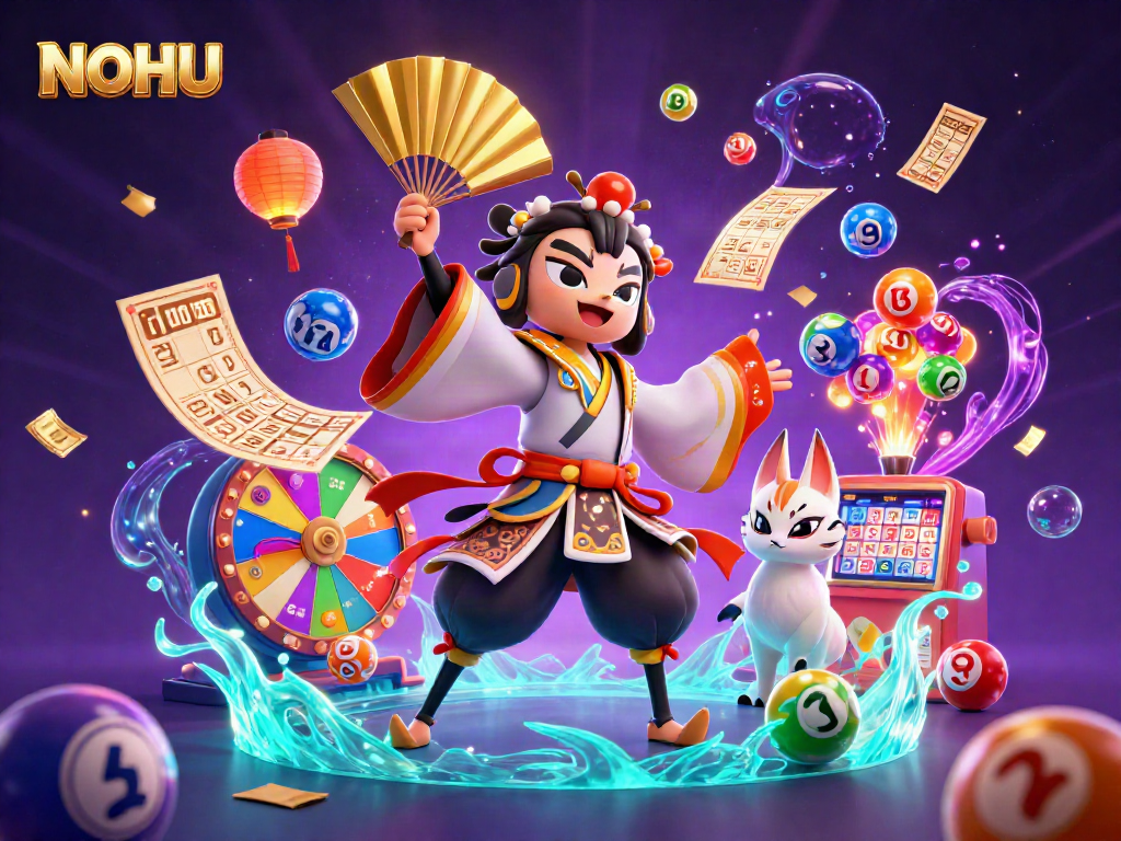 Enter the thrilling world of NOHU with a vibrant casino scene showcasing dynamic lottery elements and captivating characters.