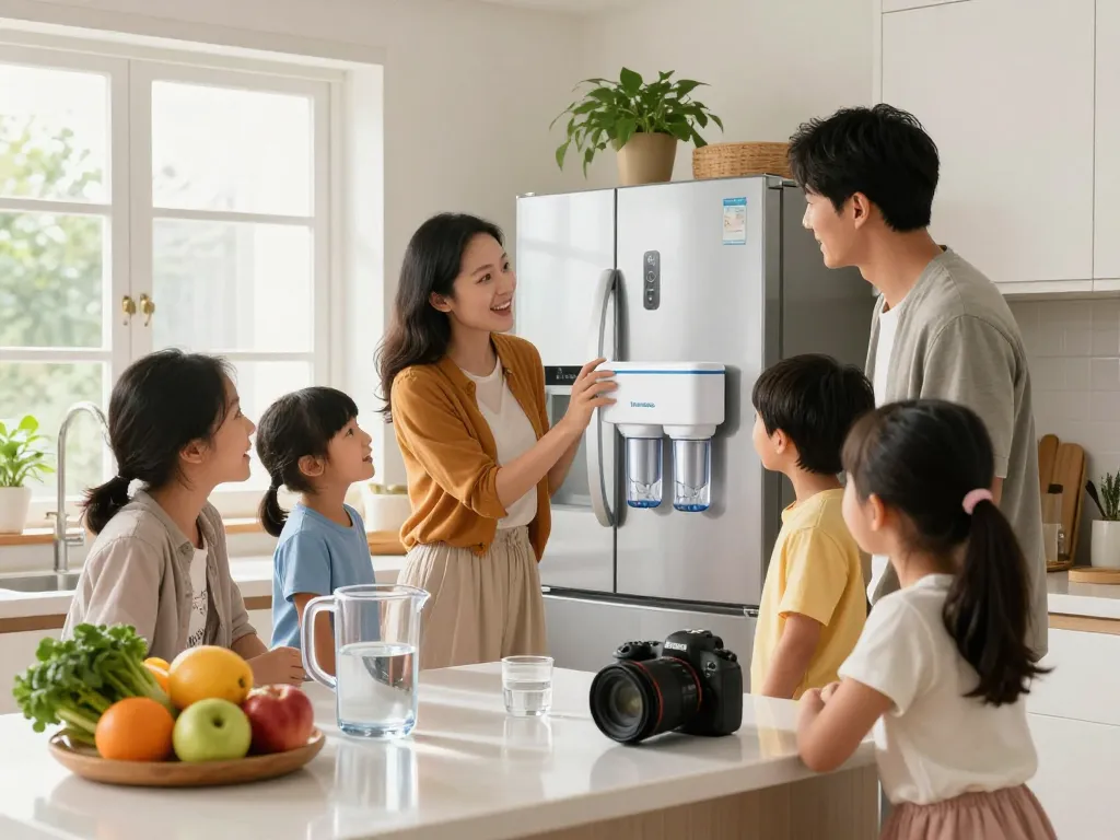 Family discussing the benefits of the Waterdrop UKF8001 Refrigerator Water Filter 4 in a bright kitchen, emphasizing clean water and health.