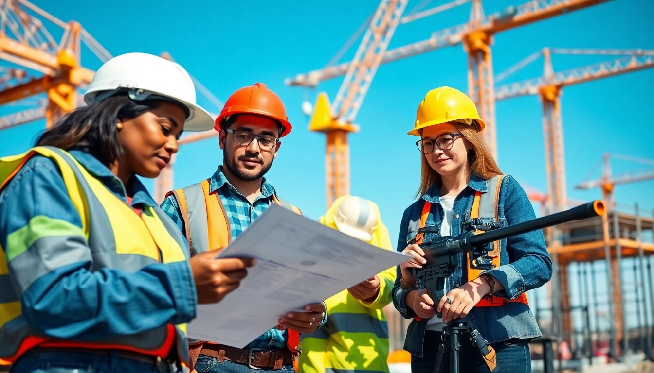 Construction safety programs in action with diverse workers collaborating on a building site.
