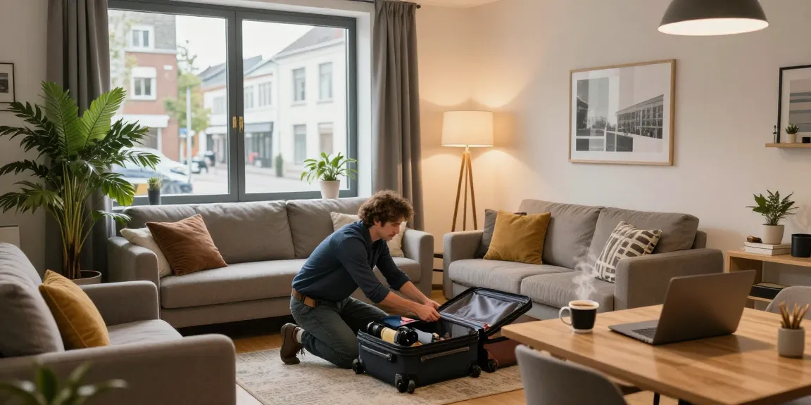 Monteurzimmer mieten Hannover: gemütliche Apartment-Szene mit einem Reisenden, Laptop und Stadtblick.