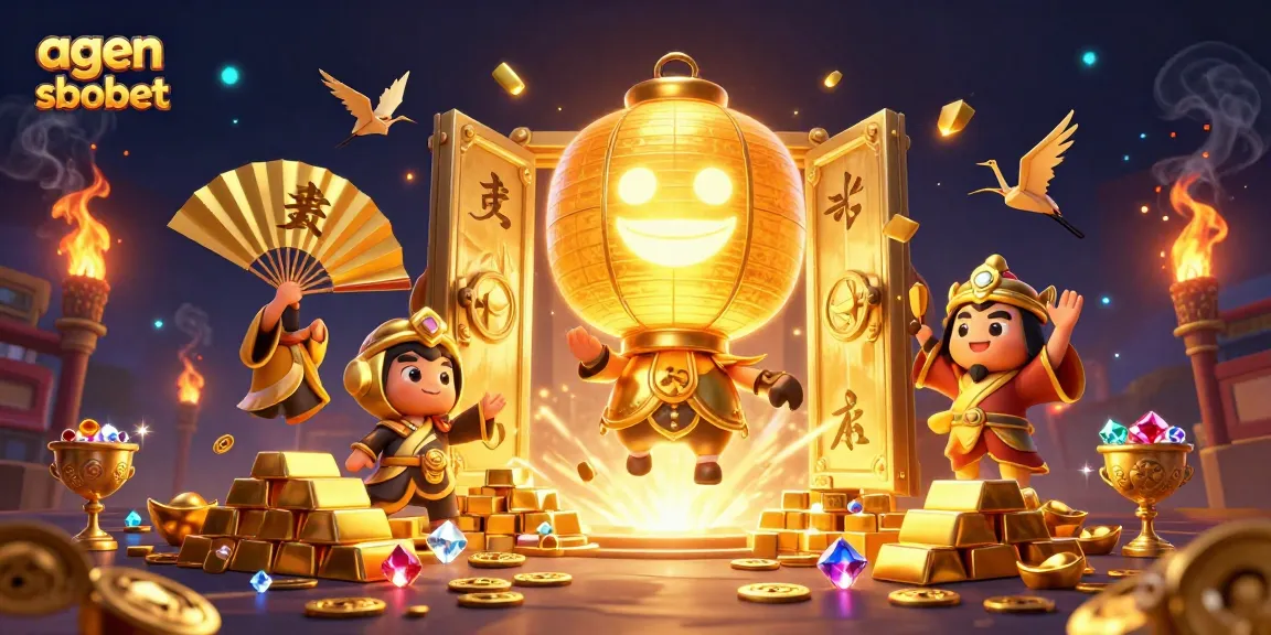 Engage with agen sbobet in a vibrant casino scene featuring lucky symbols and gold treasures.