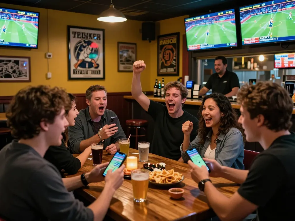 Excited sports fans betting on their smartphones during a qq88 gaming night in a lively sports bar.