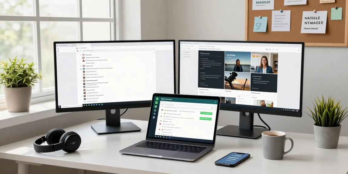Engaged user on laptop with WhatsApp電腦版 in a modern office setup