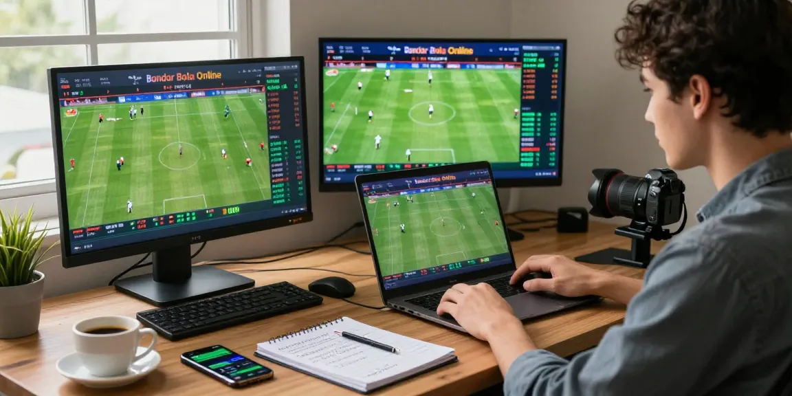 Engaged user analyzing sports stats for Bandar Bola Online at a stylish office setup.