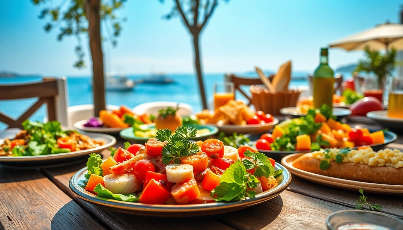 Indulge in the mediterranean diet with a vibrant array of healthy dishes on a wooden table.