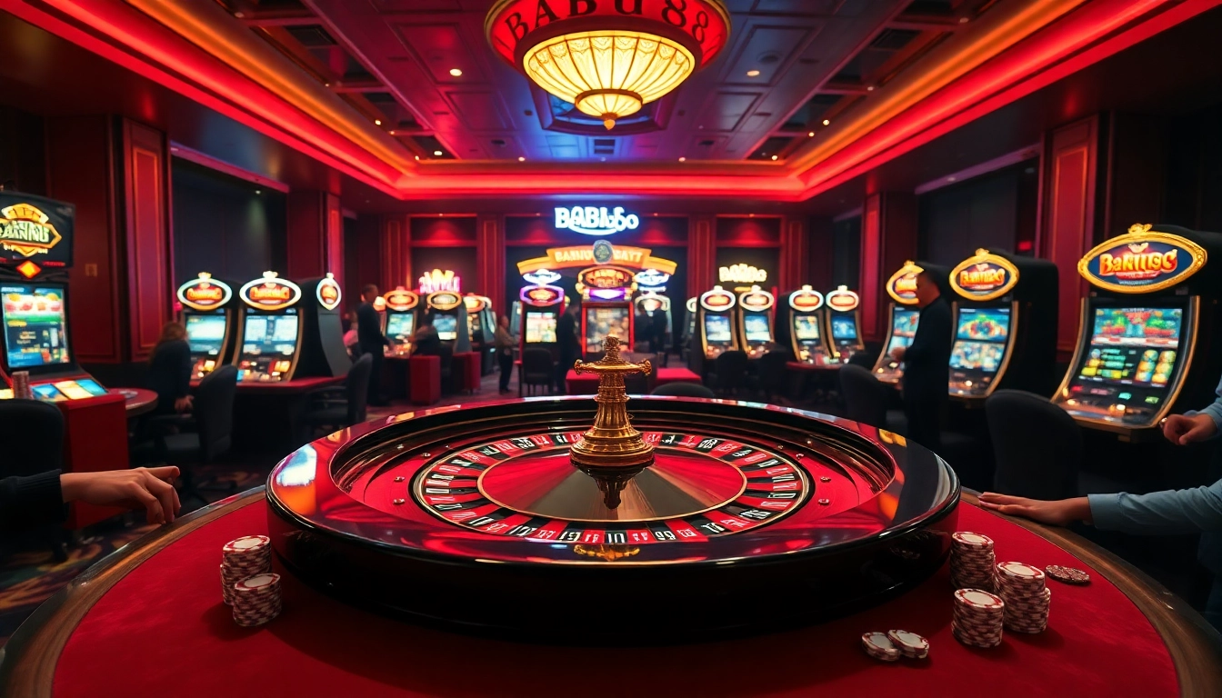 Babu88 roulette table in a vibrant casino with players engaged in thrilling bets.