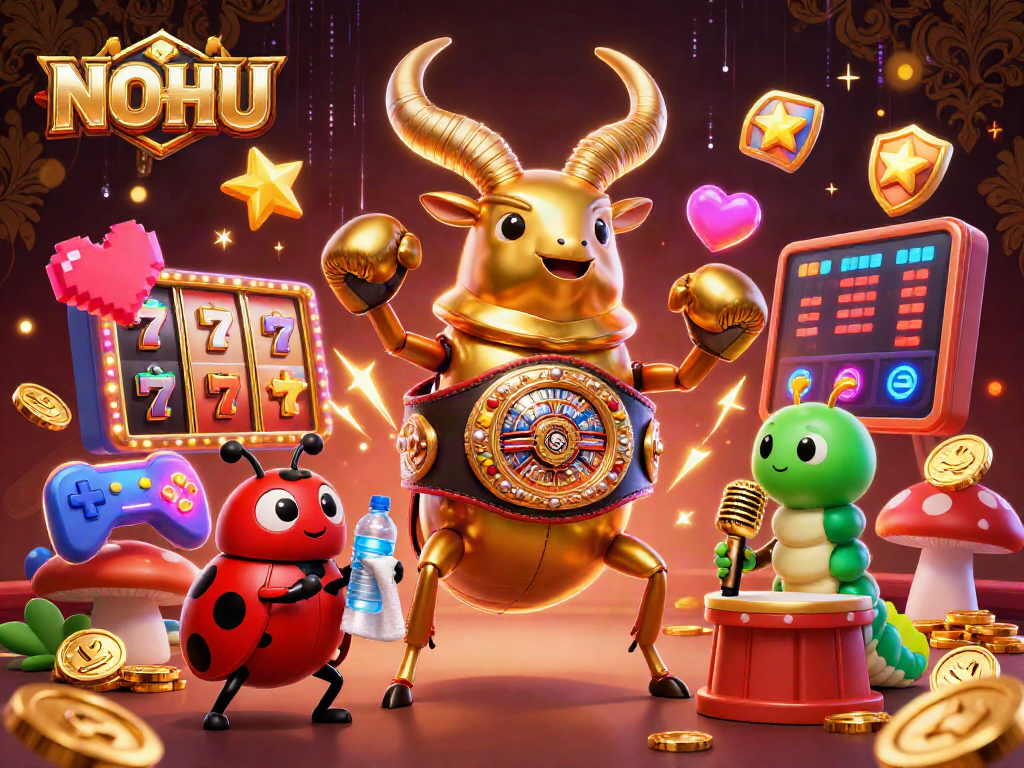 Engage with NOHU's vibrant slot reels and charismatic characters in this electrifying casino scene.