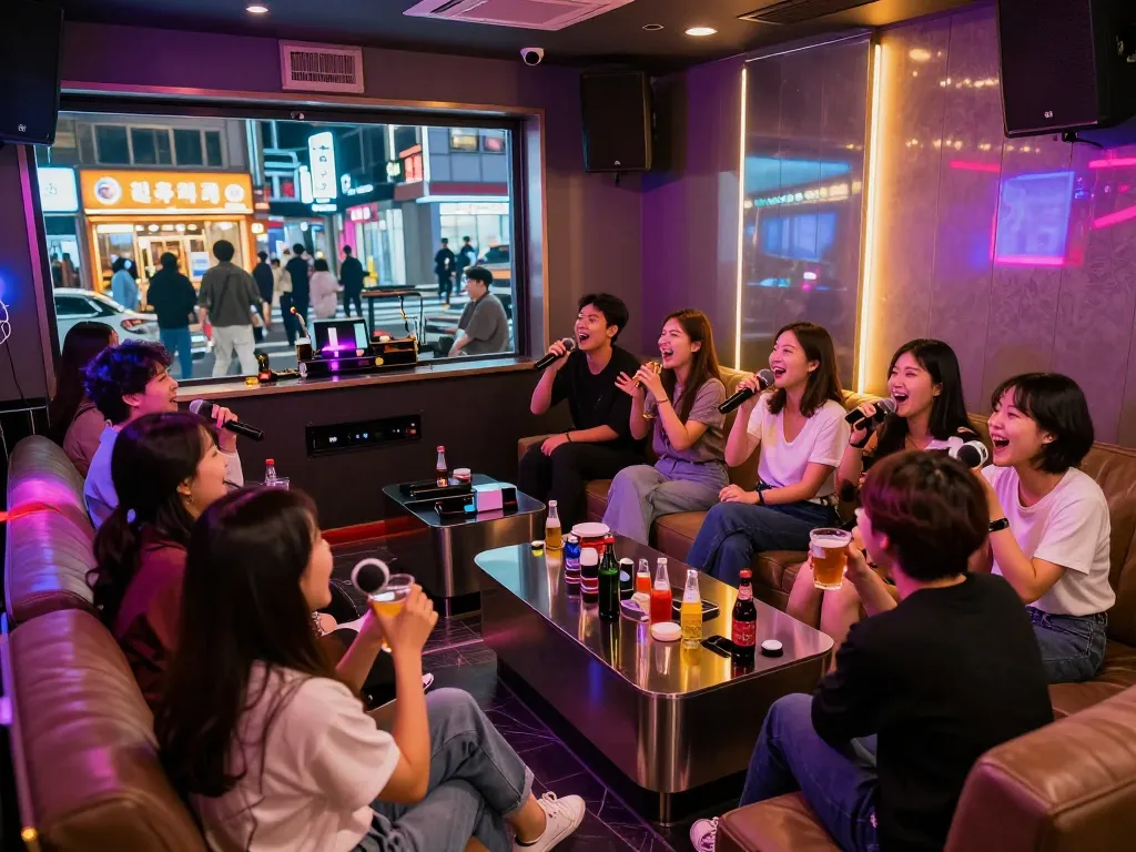 부평쓰리노에서 친구들과 함께 노래를 부르며 활기찬 분위기를 즐기는 프라이빗 룸의 경험.