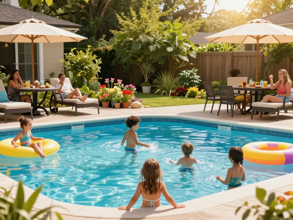 Dolphin Pool Services enhancing family leisure with vibrant pool scene featuring a happy family enjoying their pool.
