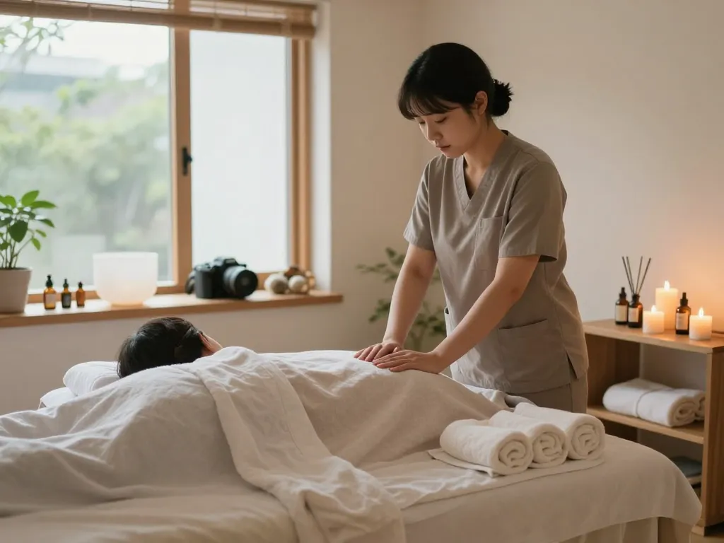 차분한 분위기와 자연광이 있는 논현동마사지 스파에서의 마사지 치료 세션.