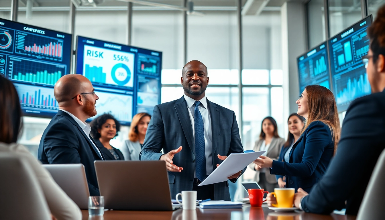 Crisis management consultant discussing strategies with colleagues in a modern office setting.