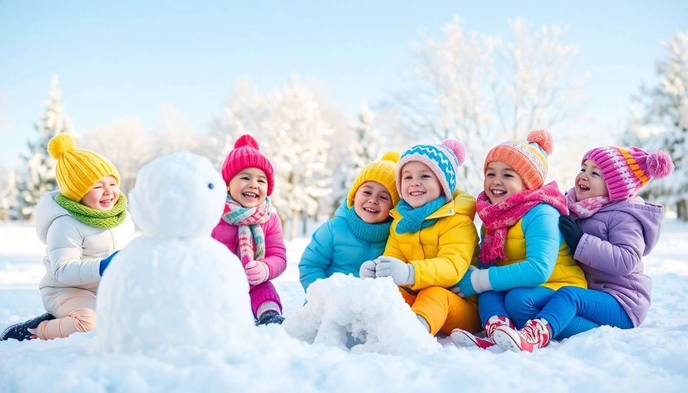 Children enjoying winter activities in vibrant kids winter clothing amid the snow.