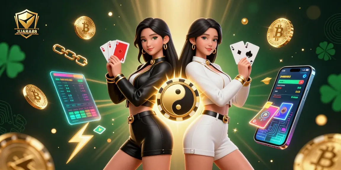 Experience the excitement of JUARA88 with stunning 3D casino-themed artwork featuring dual casino card players.