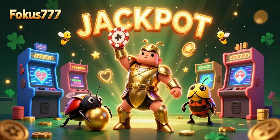 Join the action with Fokus777 as the hercules beetle celebrates a big win, showcasing vibrant casino elements.
