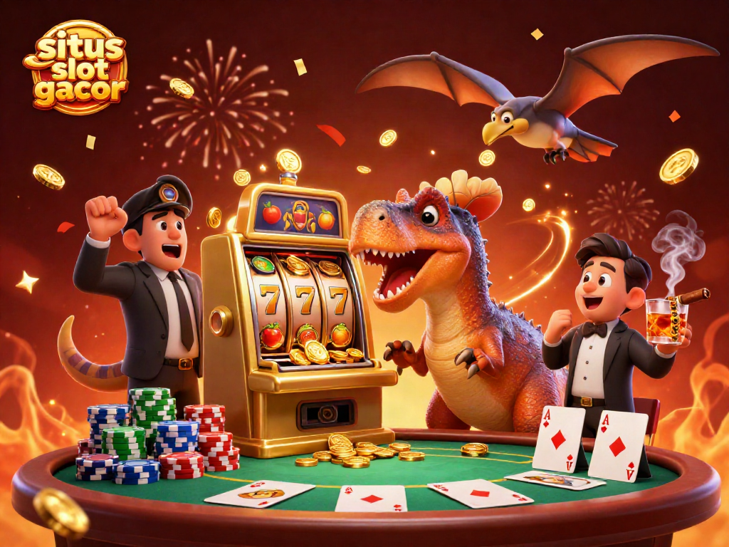 Menang besar di situs slot gacor dengan karakter dinosaurus yang lucu beraksi di mesin slot emas.