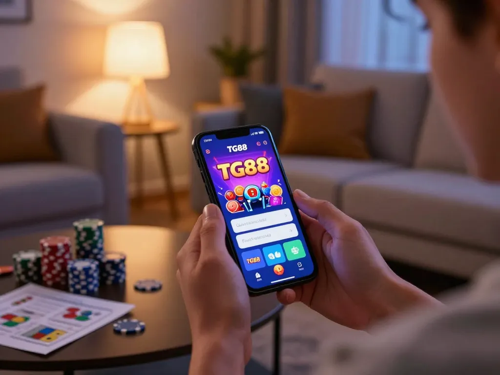 Taking action on the TG88 trang chủ with a smartphone in a cozy home gaming setup